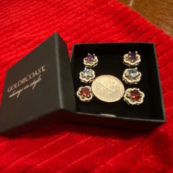 BIN 3 prs SILVER-tone AMETHYST Clear RUBY CZ Flower STUDS * Giftable * Thick - Picture 7 of 8